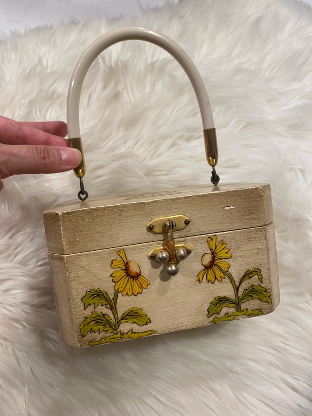 Vintage Cream Floral wooden Box Handbag with Daisy Motif
